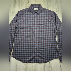 Twillory Untuckable Tailored Fit Button Down Blue Brn Plaid Shirt Men's Size M-L